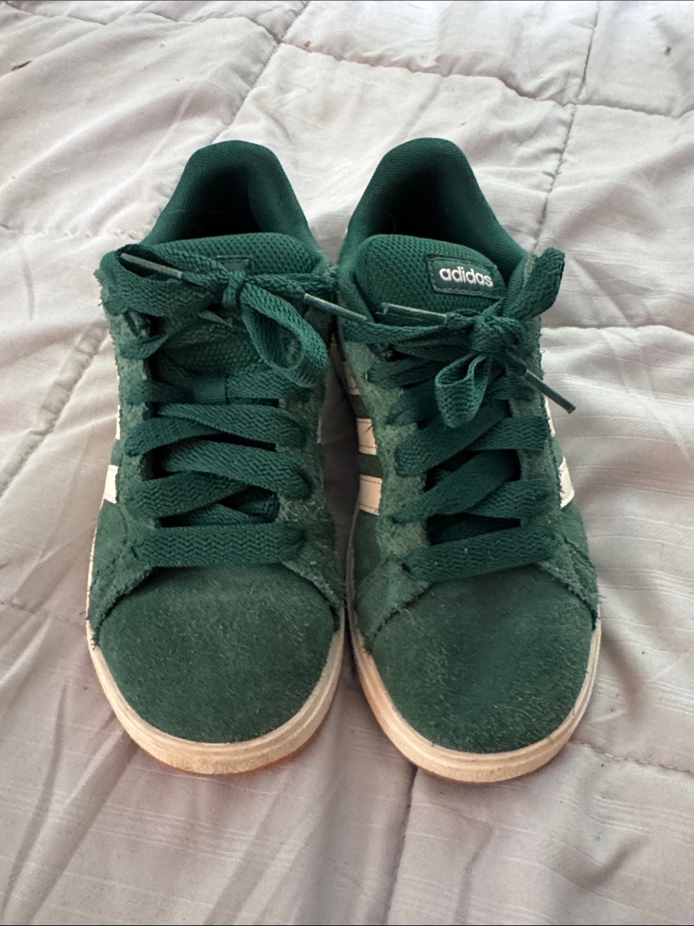 adidas Kids Dark Green Suede Sneakers with White Stripes